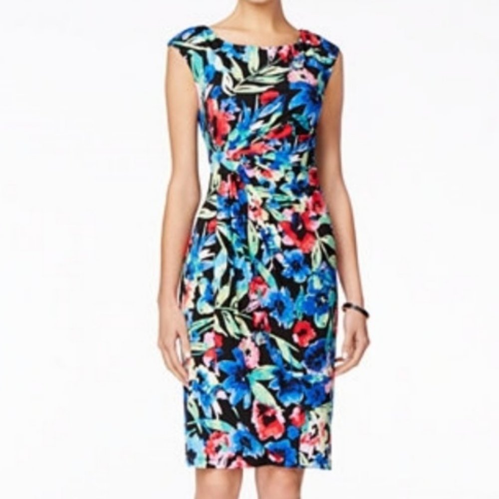 Cap-Sleeve Floral-Print Gather BlackBlueRed Dress